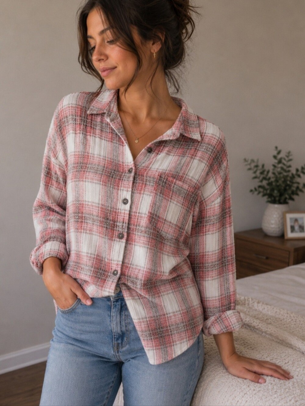 Plaid Button Down Shirt - Pink and White